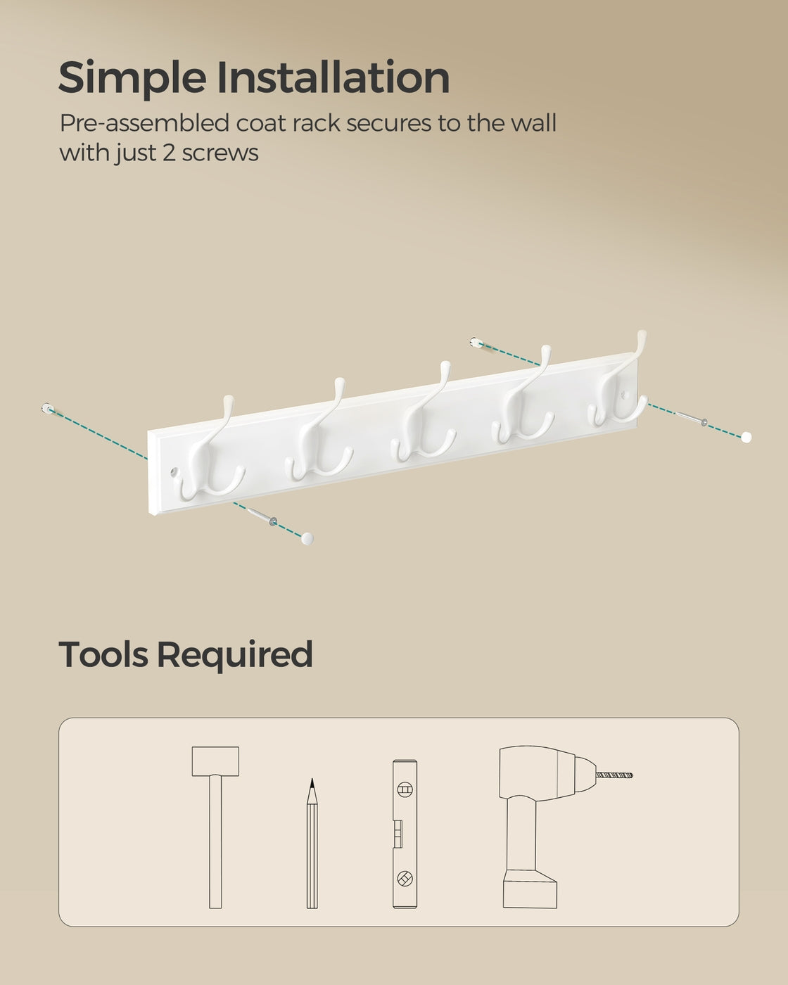 Wall-Mounted Coat Rack, 5 Tri-Hooks, Cloud White - image 4