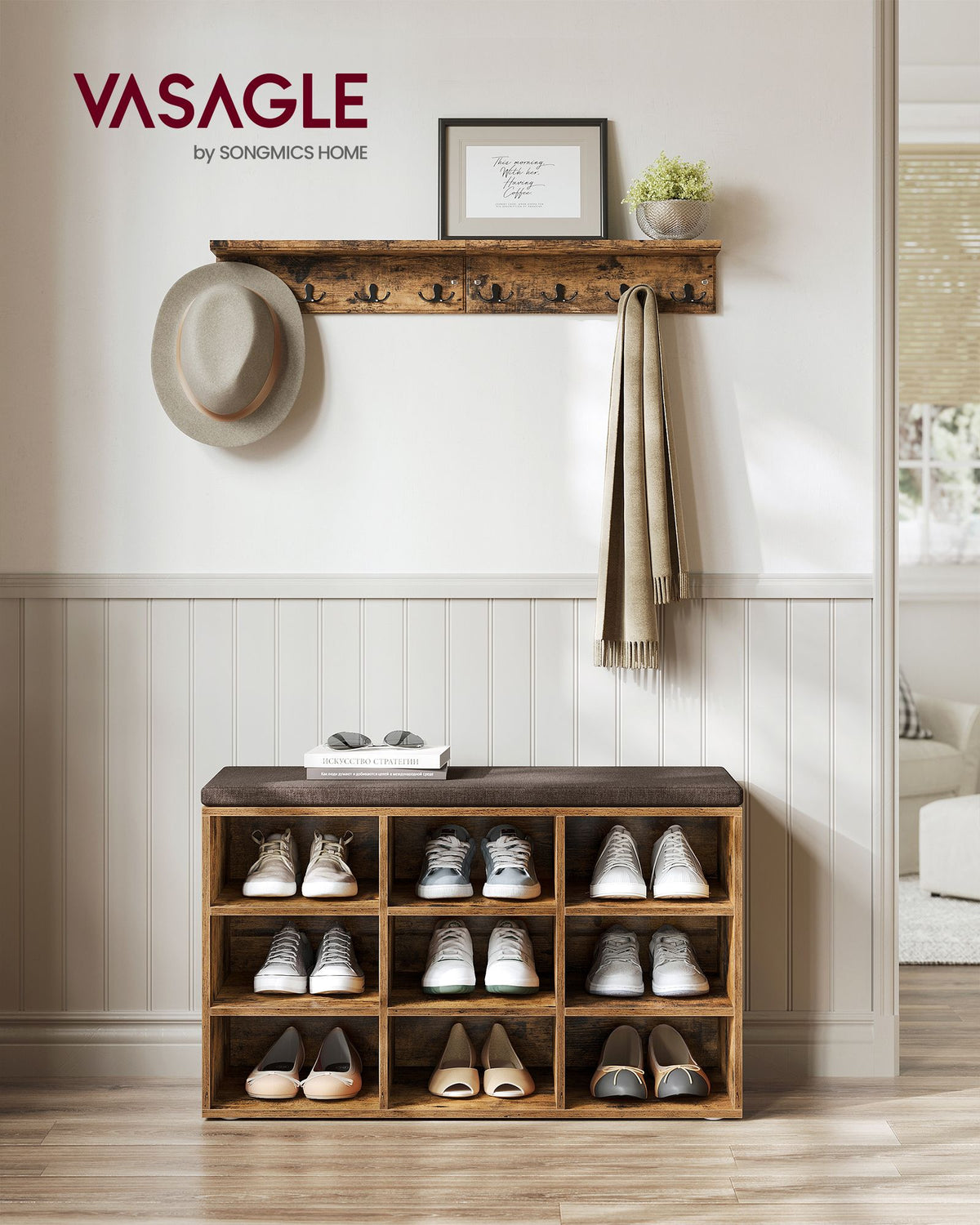 Storage Bench with Padded Seat and 9 Compartments Black - image 2