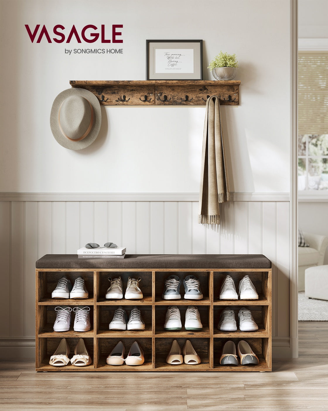 Shoe Bench with Cushion and 12 Compartments Rustic Brown - image 3