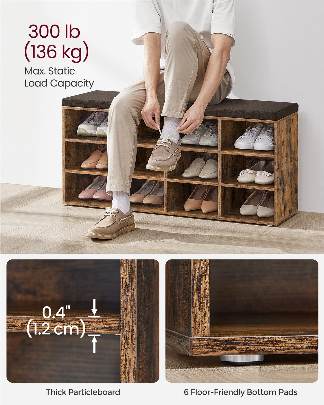 Shoe Bench with Cushion and 12 Compartments Rustic Brown - image 5