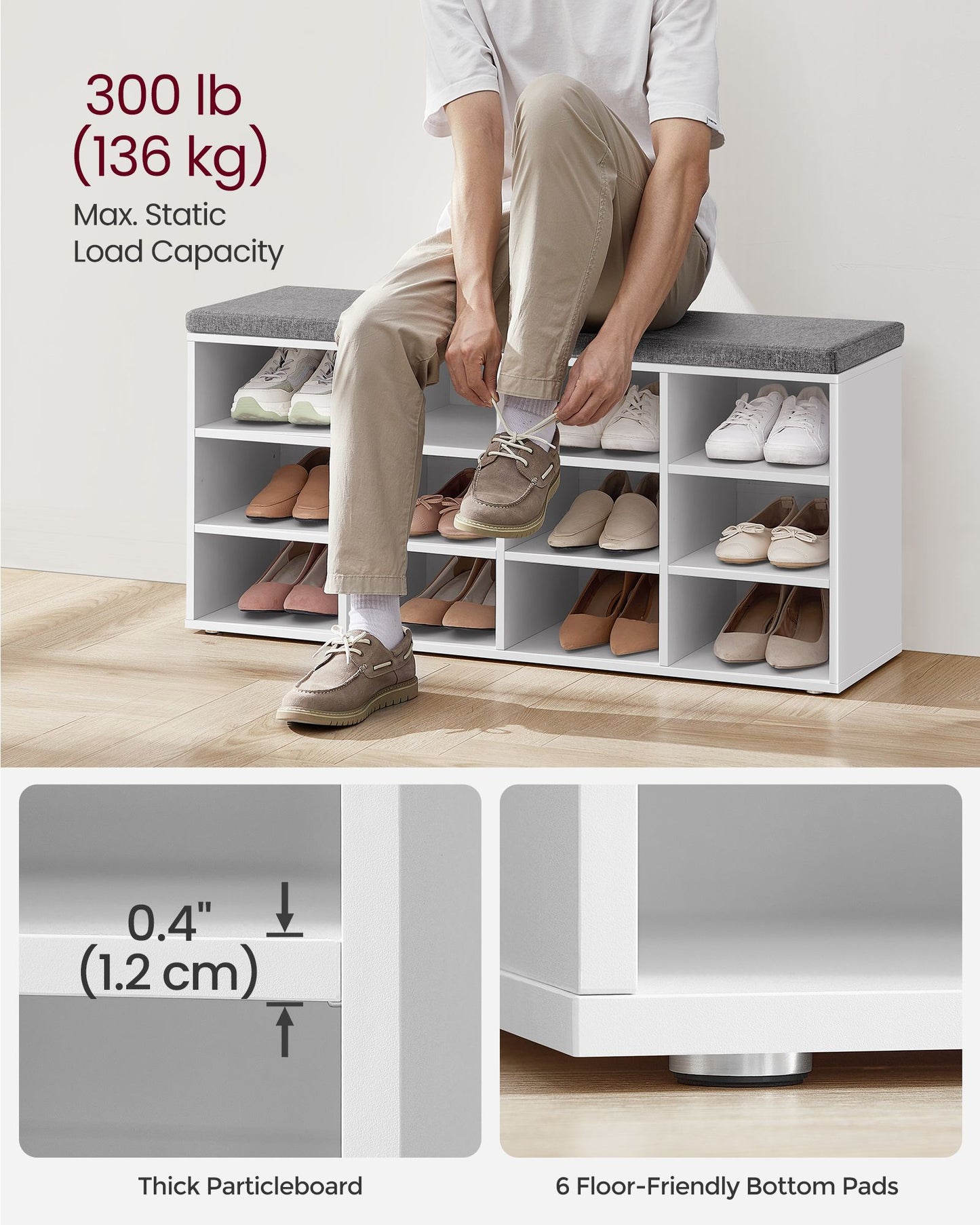 Shoe Bench with Cushion,12 Compartments
