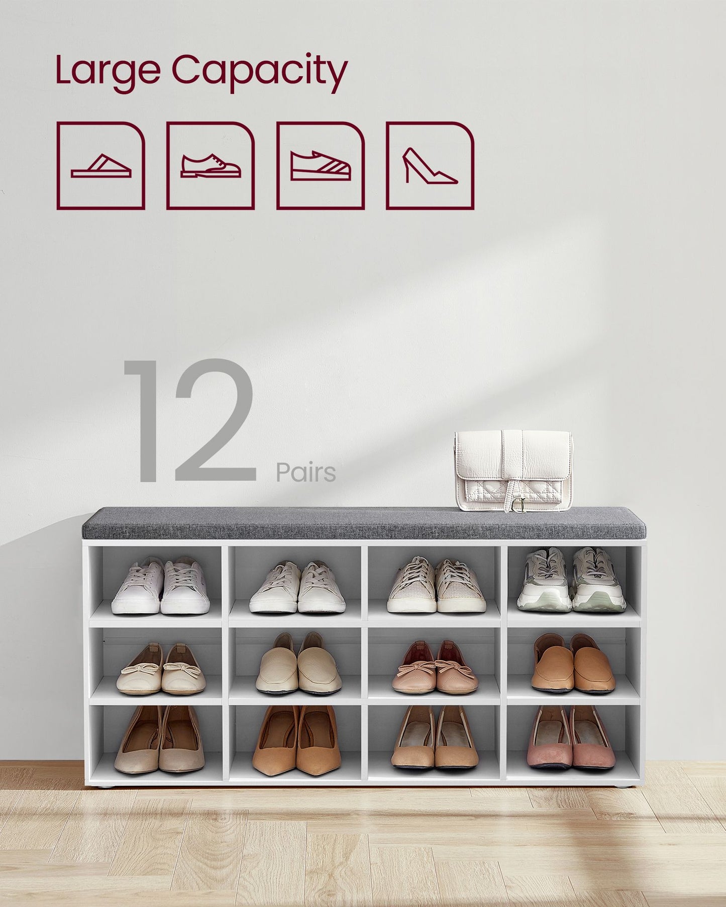 Shoe Bench with Cushion,12 Compartments