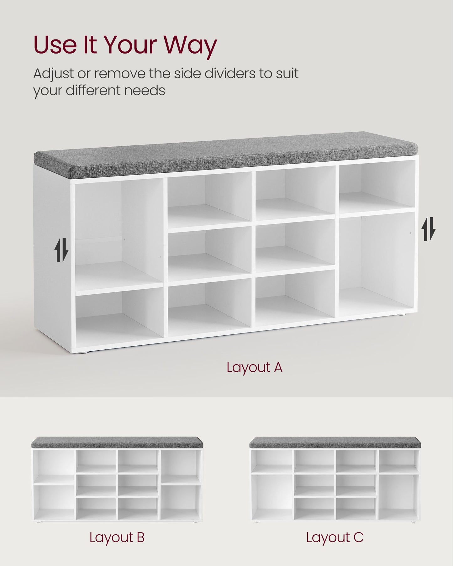Shoe Bench with Cushion,12 Compartments