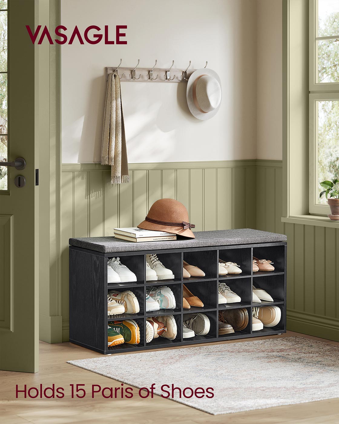 Shoe Bench with Cushion,15 Compartments