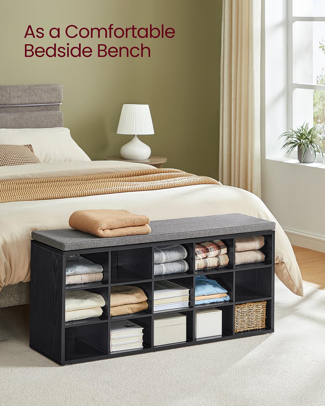 Shoe Bench with Cushion,15 Compartments