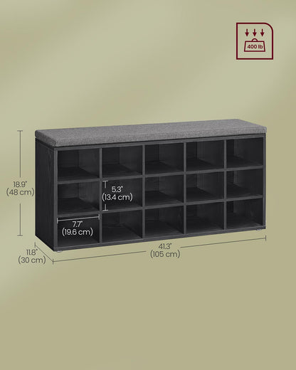 Shoe Bench with Cushion,15 Compartments
