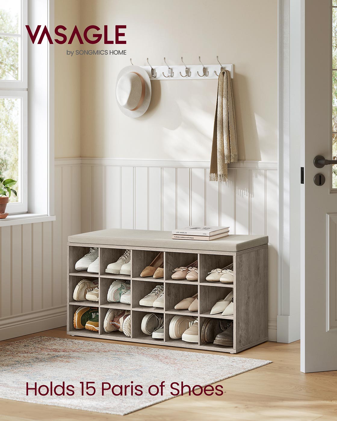 Shoe Bench with Cushion,15 Compartments