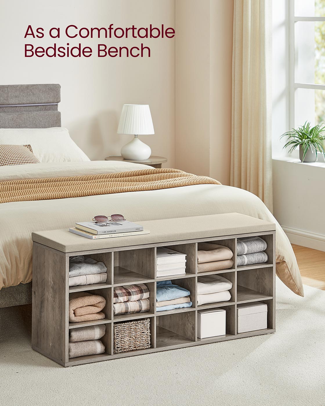 Shoe Bench with Cushion,15 Compartments