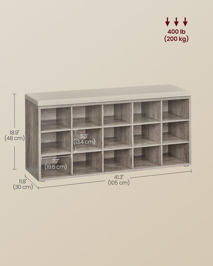 Shoe Bench with Cushion,15 Compartments