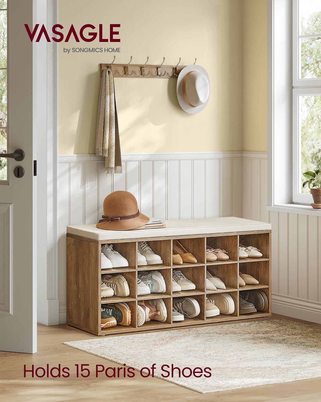 Shoe Bench with Cushion,15 Compartments