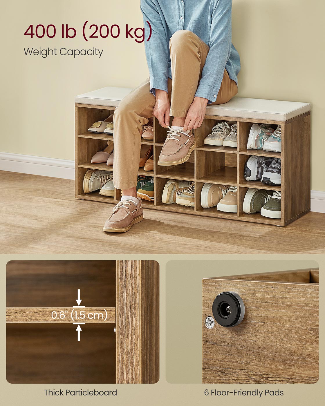 Shoe Bench with Cushion,15 Compartments