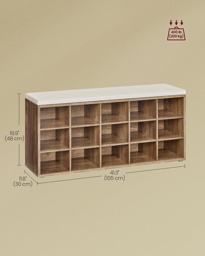 Shoe Bench with Cushion,15 Compartments