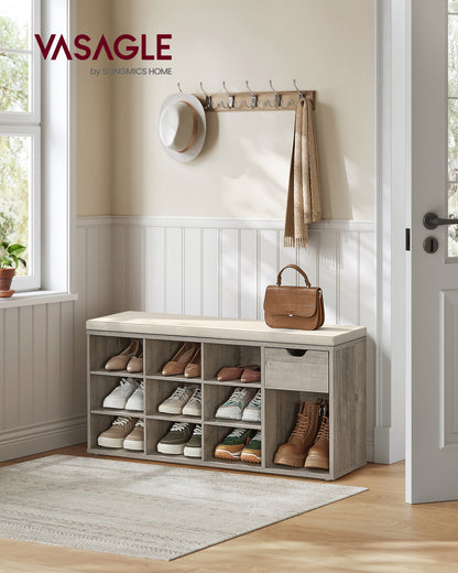 Storage Bench with Cushion, Drawer and Open Compartments