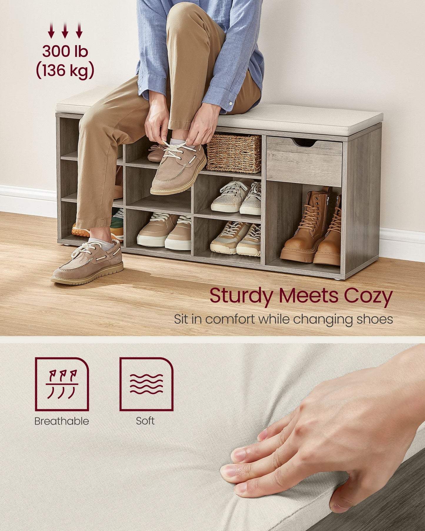 Storage Bench with Cushion, Drawer and Open Compartments