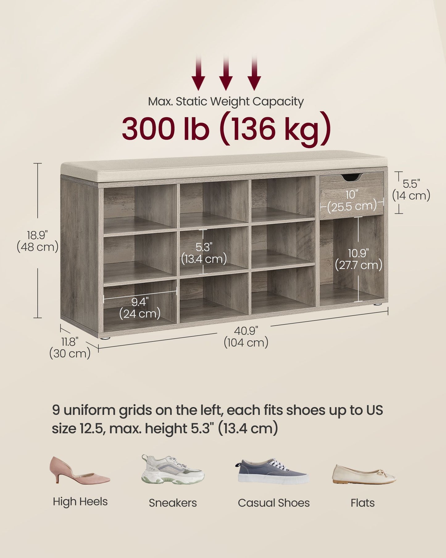 Storage Bench with Cushion, Drawer and Open Compartments