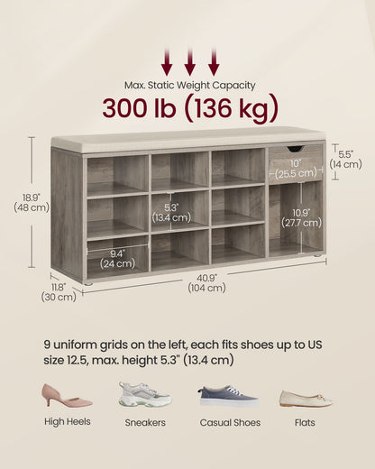Storage Bench with Cushion, Drawer and Open Compartments
