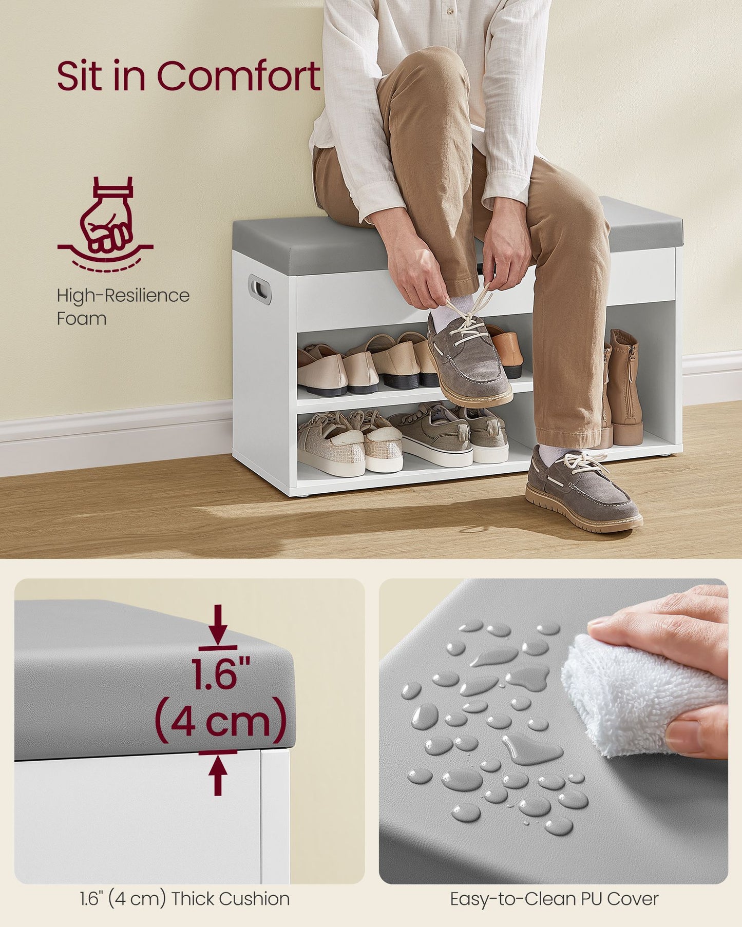 Shoe Bench with Cushion 3 Compartments White - image 42