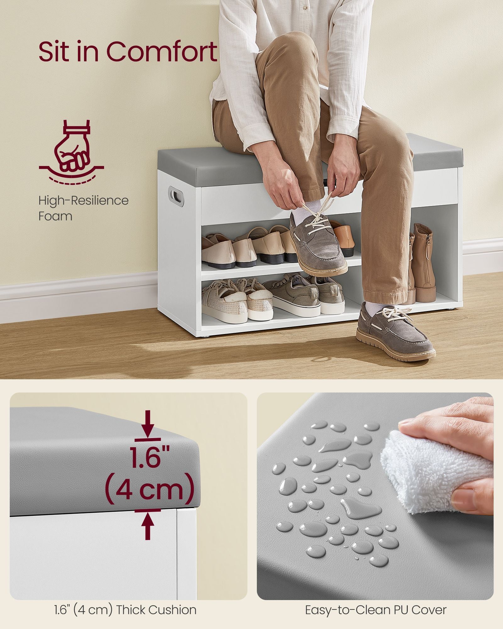 Shoe Bench with Cushion 3 Compartments White - image 42