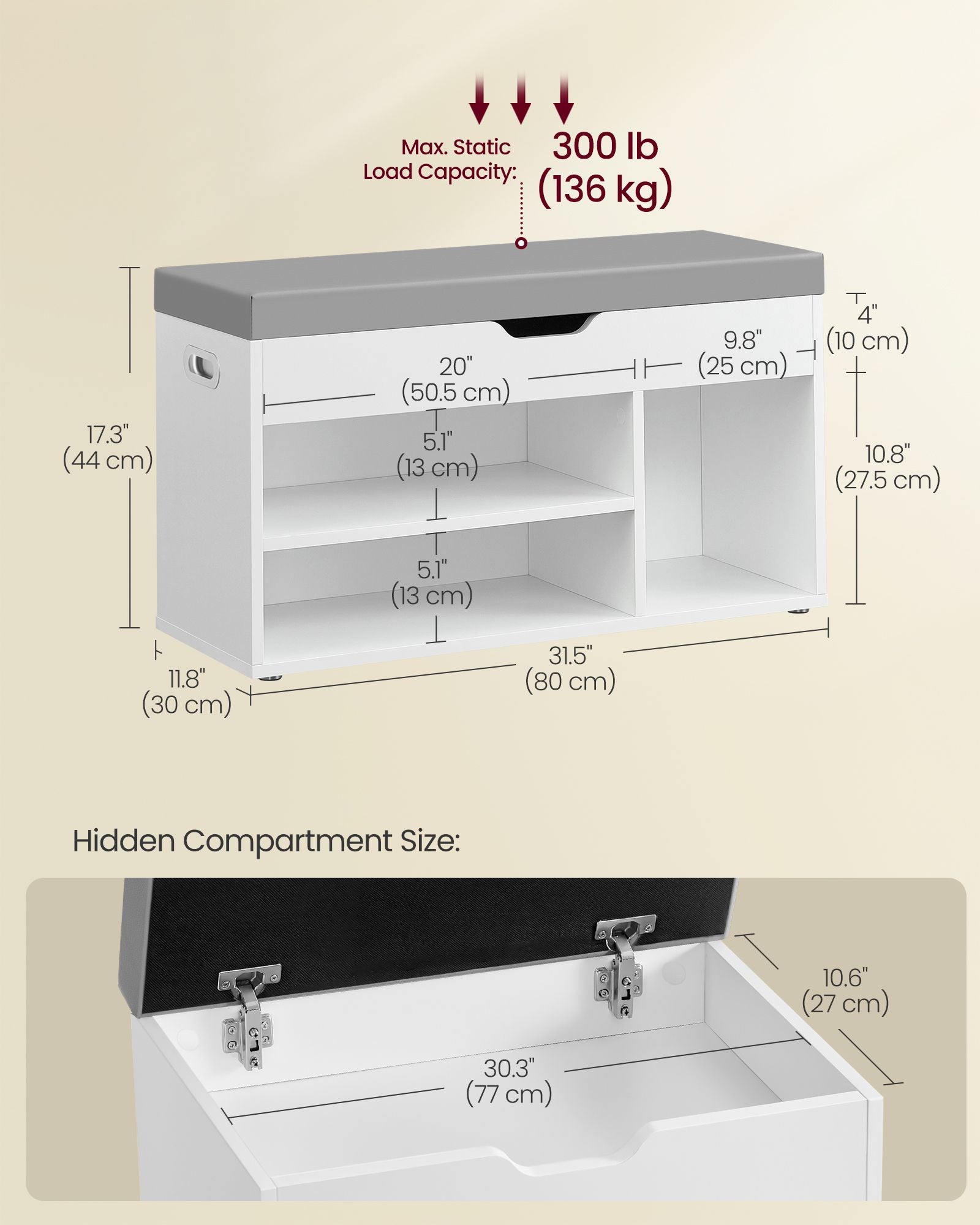 Shoe Bench with Cushion 3 Compartments White - image 43