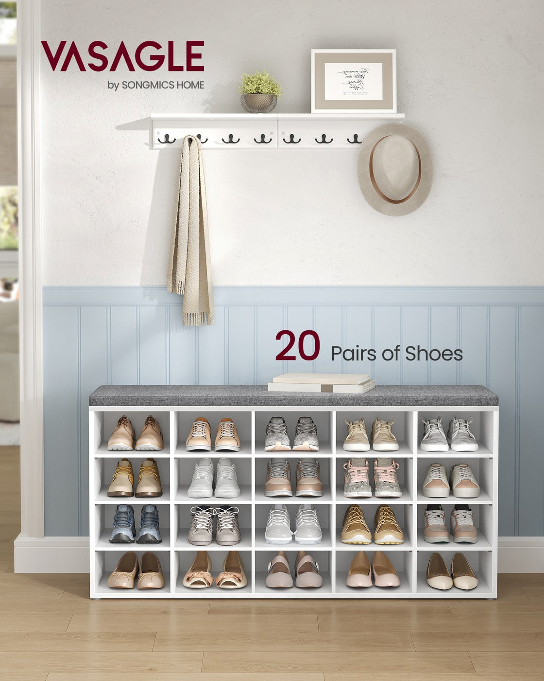 Shoe Bench with Cushion,15 Compartments