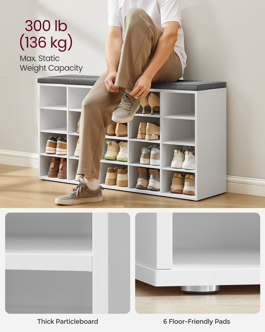 Shoe Bench with Cushion,15 Compartments
