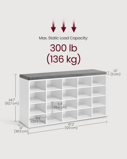 Shoe Bench with Cushion,15 Compartments