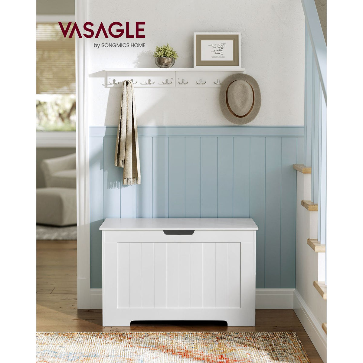 Lift Top Entryway Storage Chest/Bench with 2 Safety Hinge, Wooden Toy Box, White