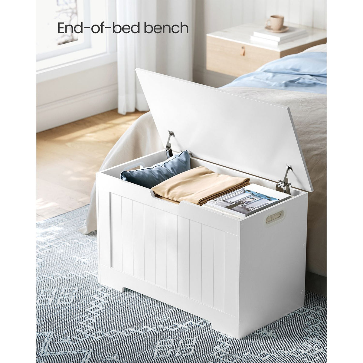 Lift Top Entryway Storage Chest/Bench with 2 Safety Hinge, Wooden Toy Box, White