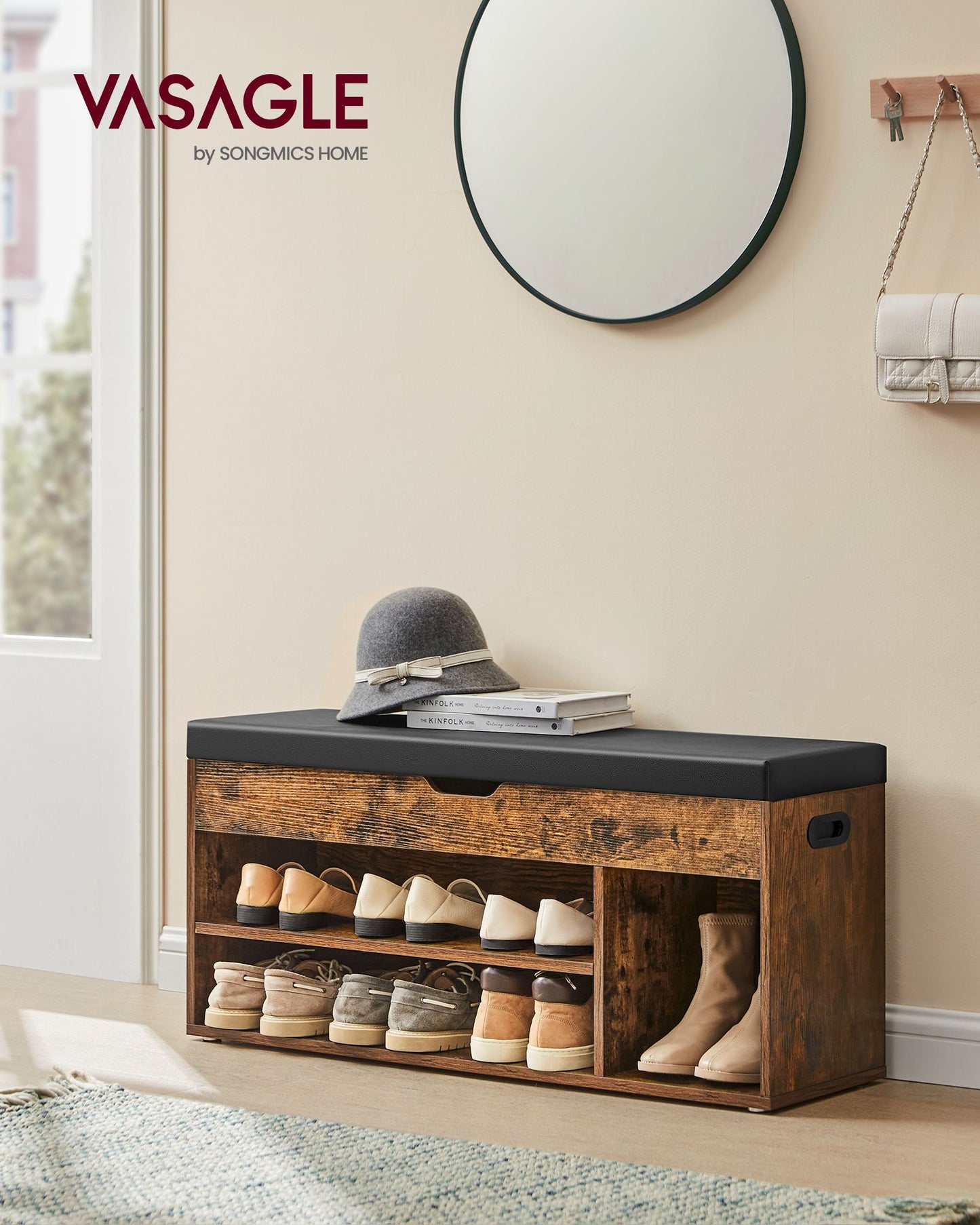 Storage Bench with Cushion, Padded Seat, 3 Compartments