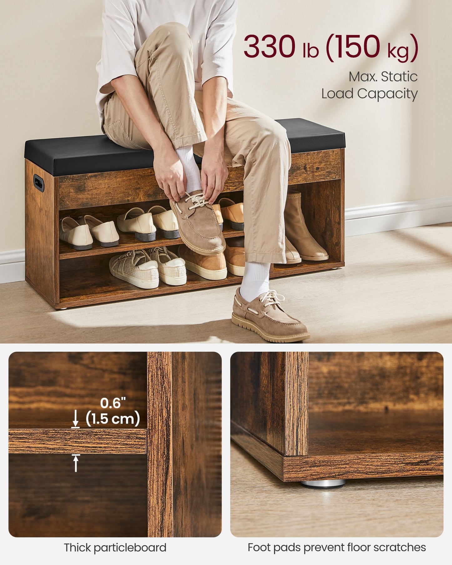 Storage Bench with Cushion, Padded Seat, 3 Compartments