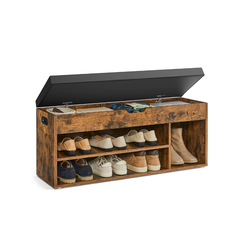 Storage Bench with Cushion, Padded Seat, 3 Compartments