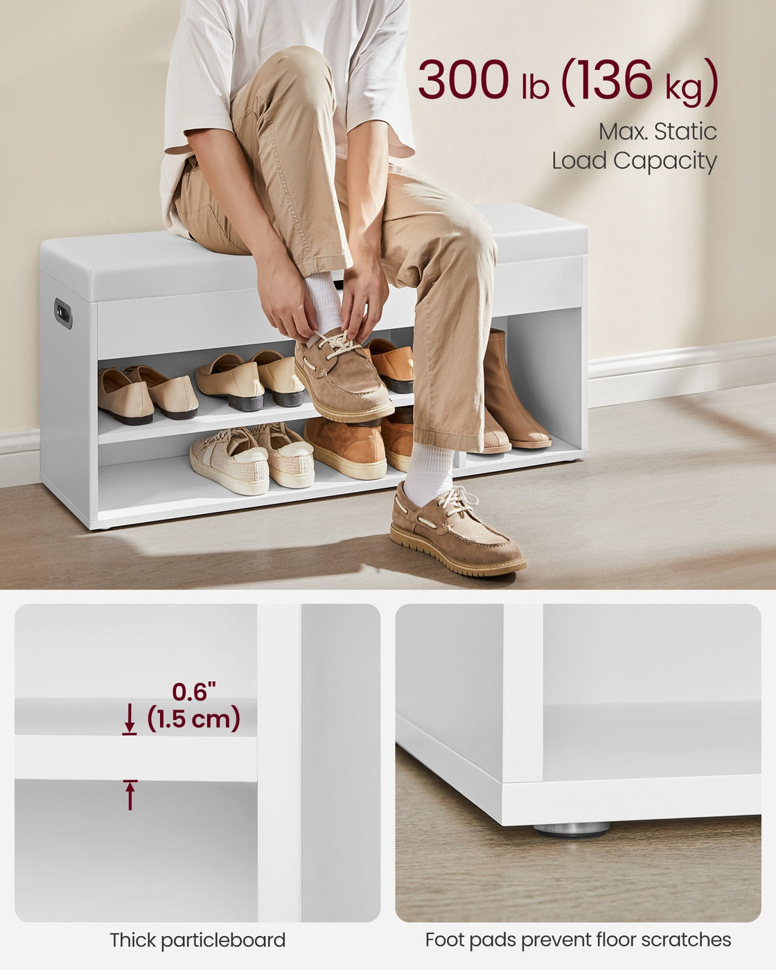 Shoe Bench with Cushion 3 Compartments White - image 27