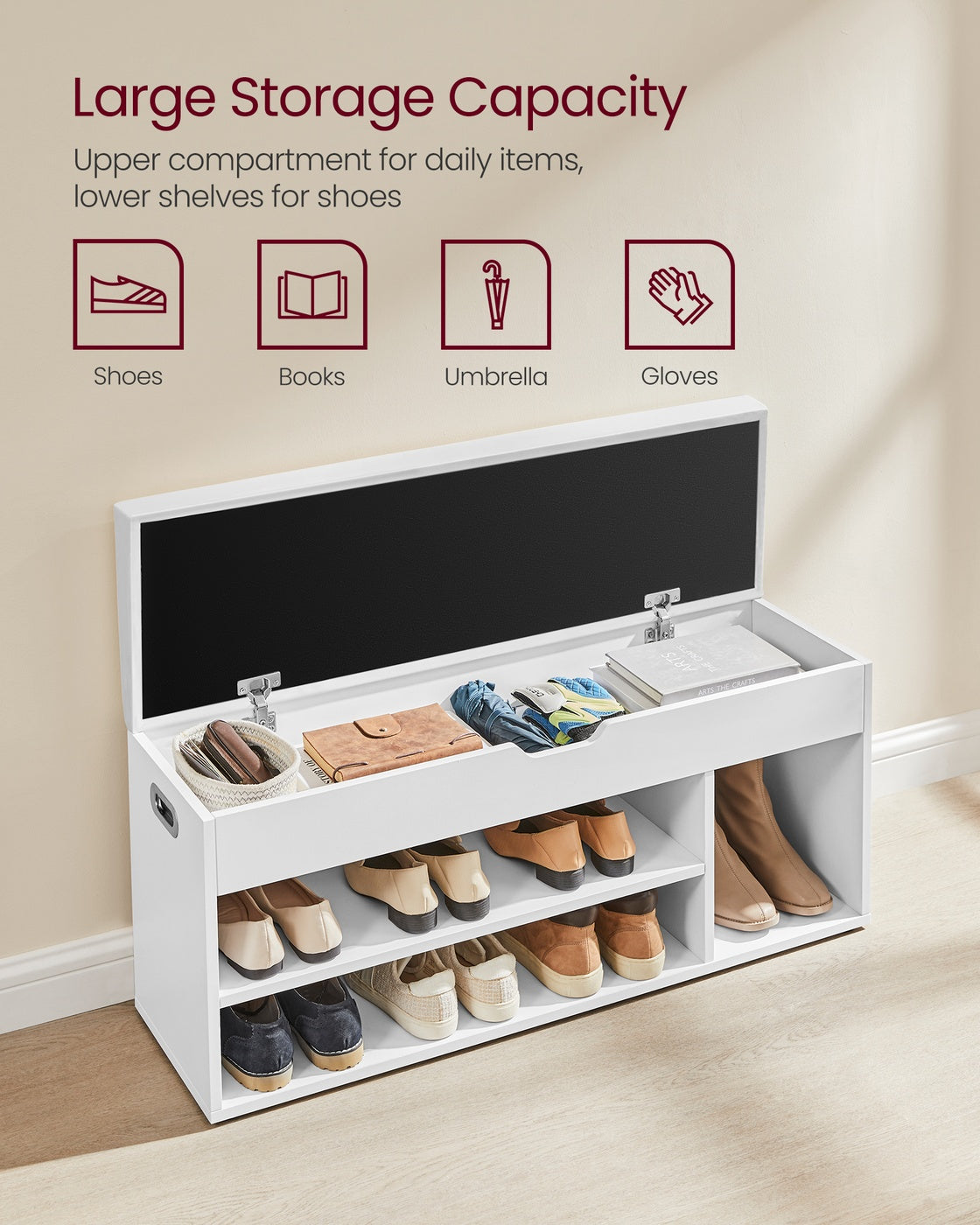 Shoe Bench with Cushion 3 Compartments White - image 28
