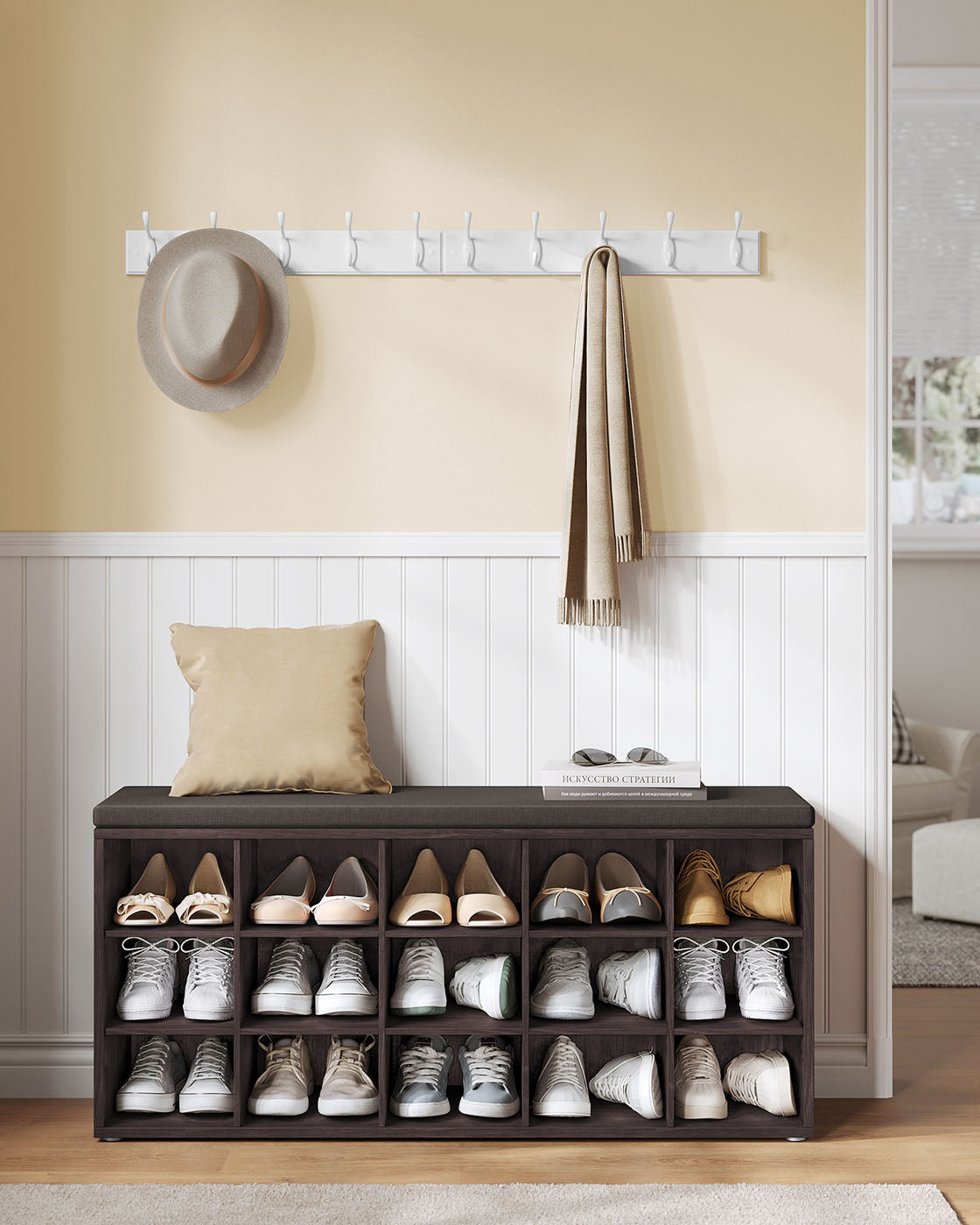 Shoe Bench with Cushion | 15-Cube Storage Bench
