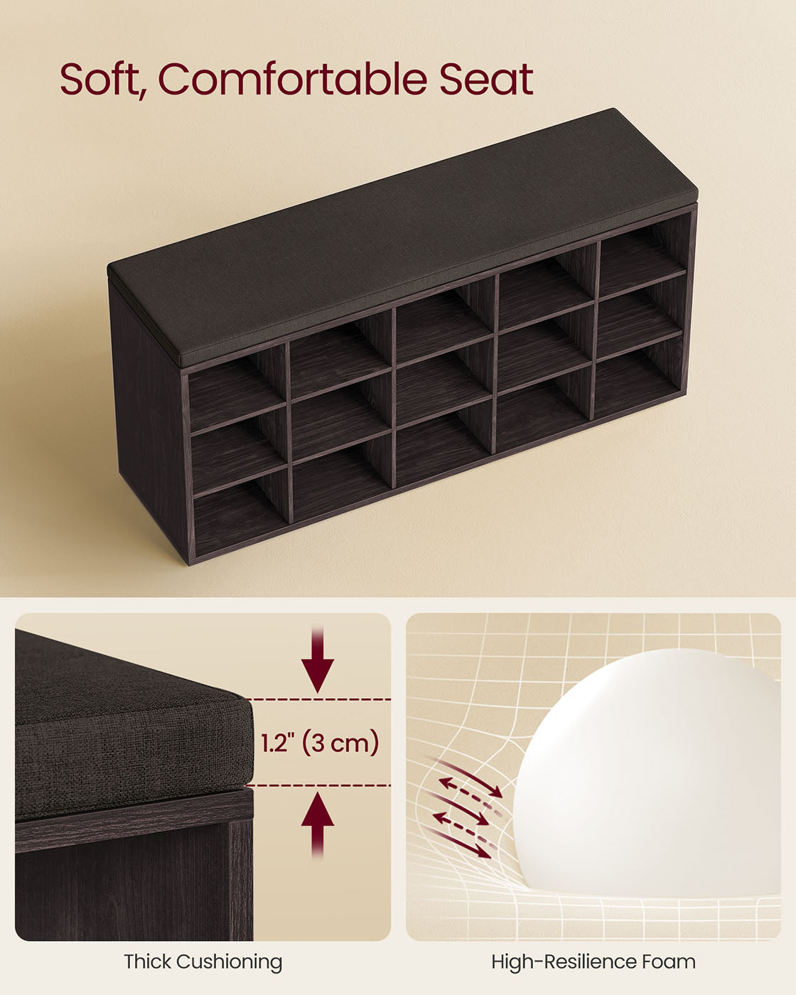 Shoe Bench with Cushion | 15-Cube Storage Bench