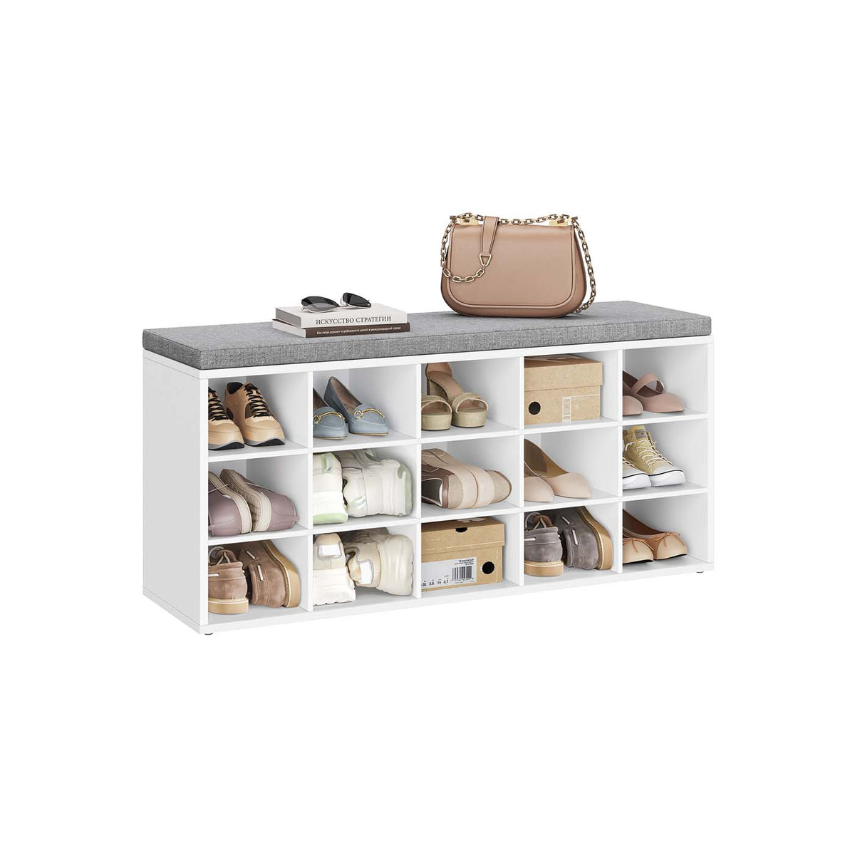 Shoe Bench with Cushion, 15-Cube Storage Bench, Holds up to 440 lb