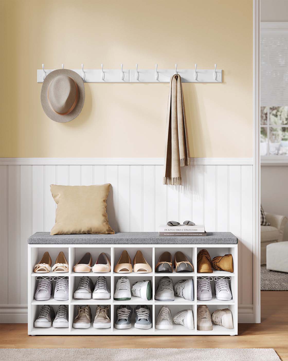 Shoe Bench with Cushion, 15-Cube Storage Bench, Holds up to 440 lb