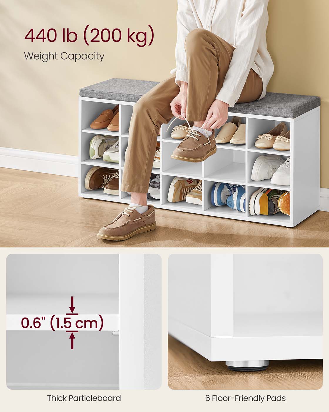 Shoe Bench with Cushion, 15-Cube Storage Bench, Holds up to 440 lb