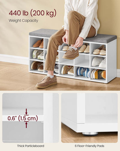 Shoe Bench with Cushion, 15-Cube Storage Bench, Holds up to 440 lb
