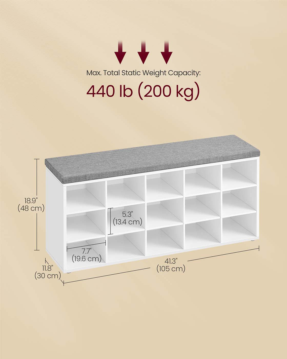 Shoe Bench with Cushion, 15-Cube Storage Bench, Holds up to 440 lb