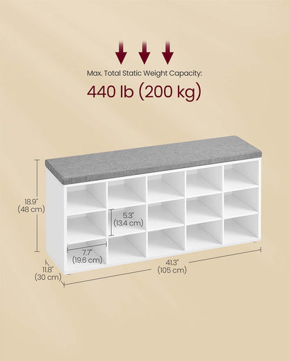 Shoe Bench with Cushion, 15-Cube Storage Bench, Holds up to 440 lb