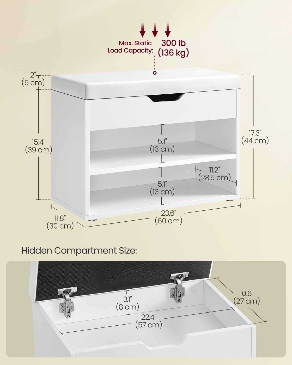 Shoes Storage Bench 60 x 30 x 44 cm White - image 6