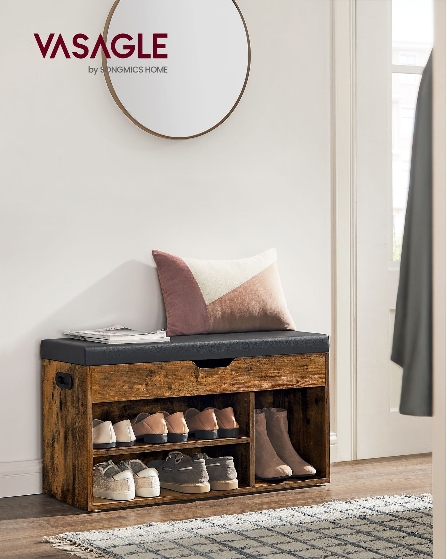 Storage Bench with Cushion, Padded Seat, 3 Compartments