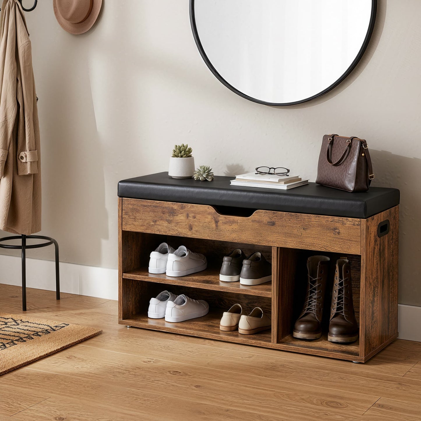 Entryway Storage Bench with Shelves, Cushioned Shoe Organiser, Hidden Compartment, Bedroom, Hallway, Brown - image 2