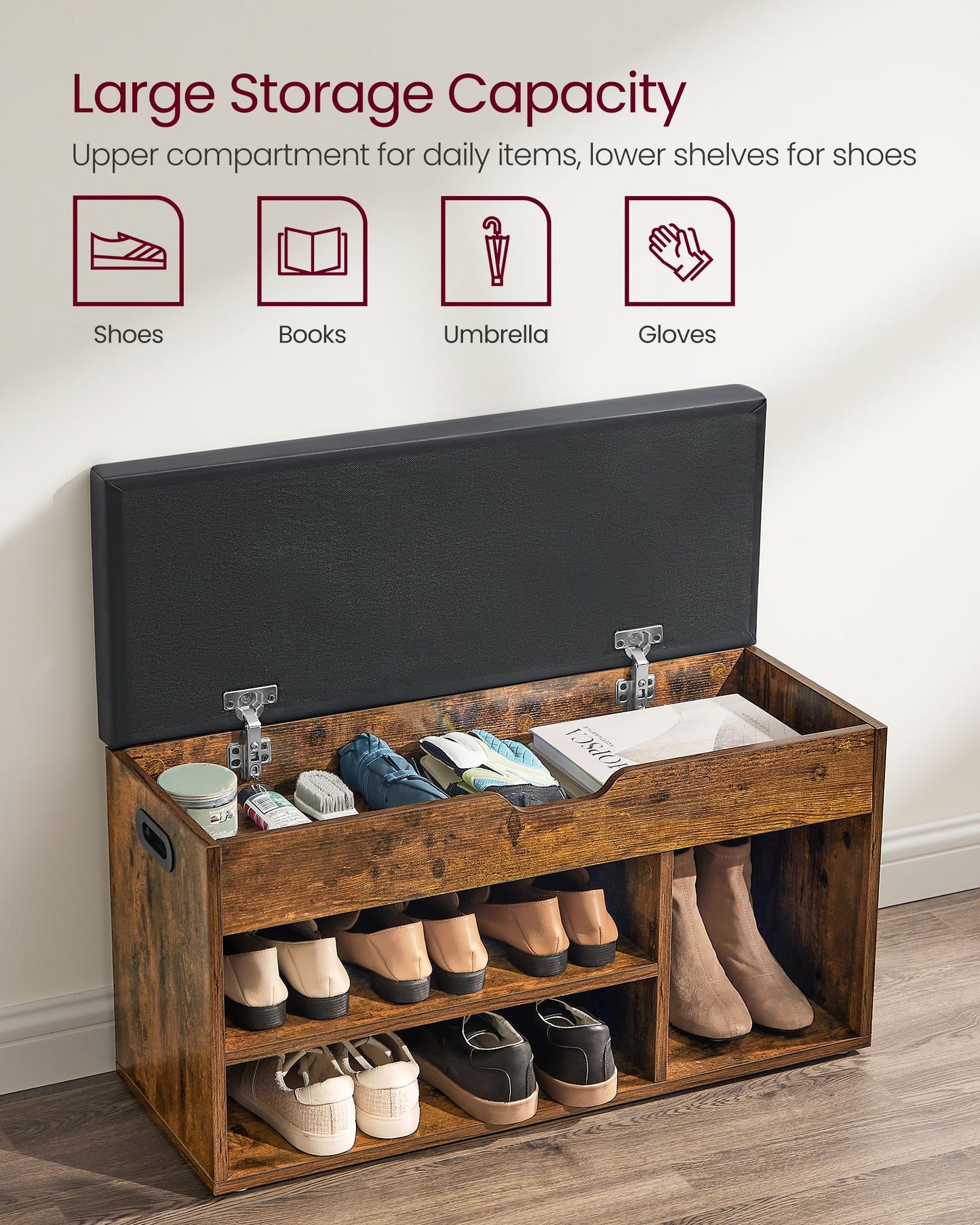 Storage Bench with Cushion, Padded Seat, 3 Compartments