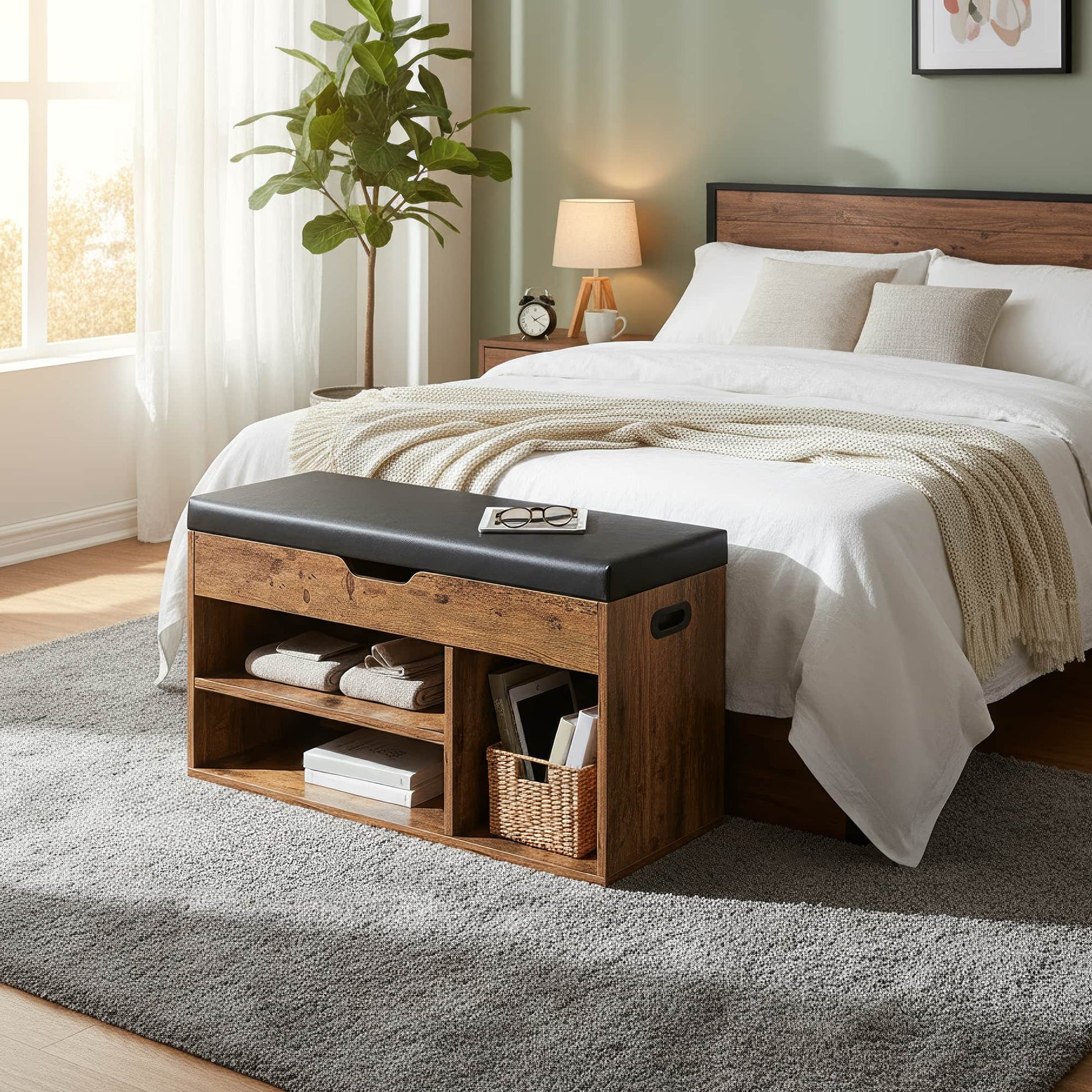 Entryway Storage Bench with Shelves, Cushioned Shoe Organiser, Hidden Compartment, Bedroom, Hallway, Brown - image 3