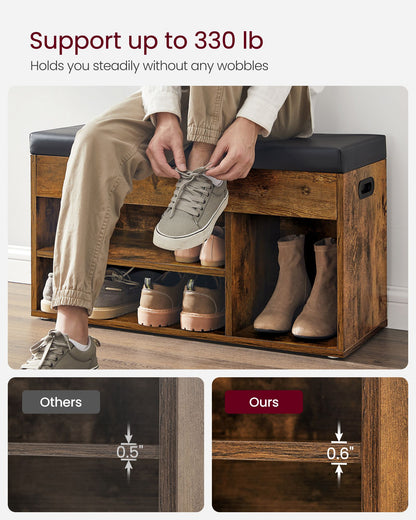 Storage Bench with Cushion, Padded Seat, 3 Compartments