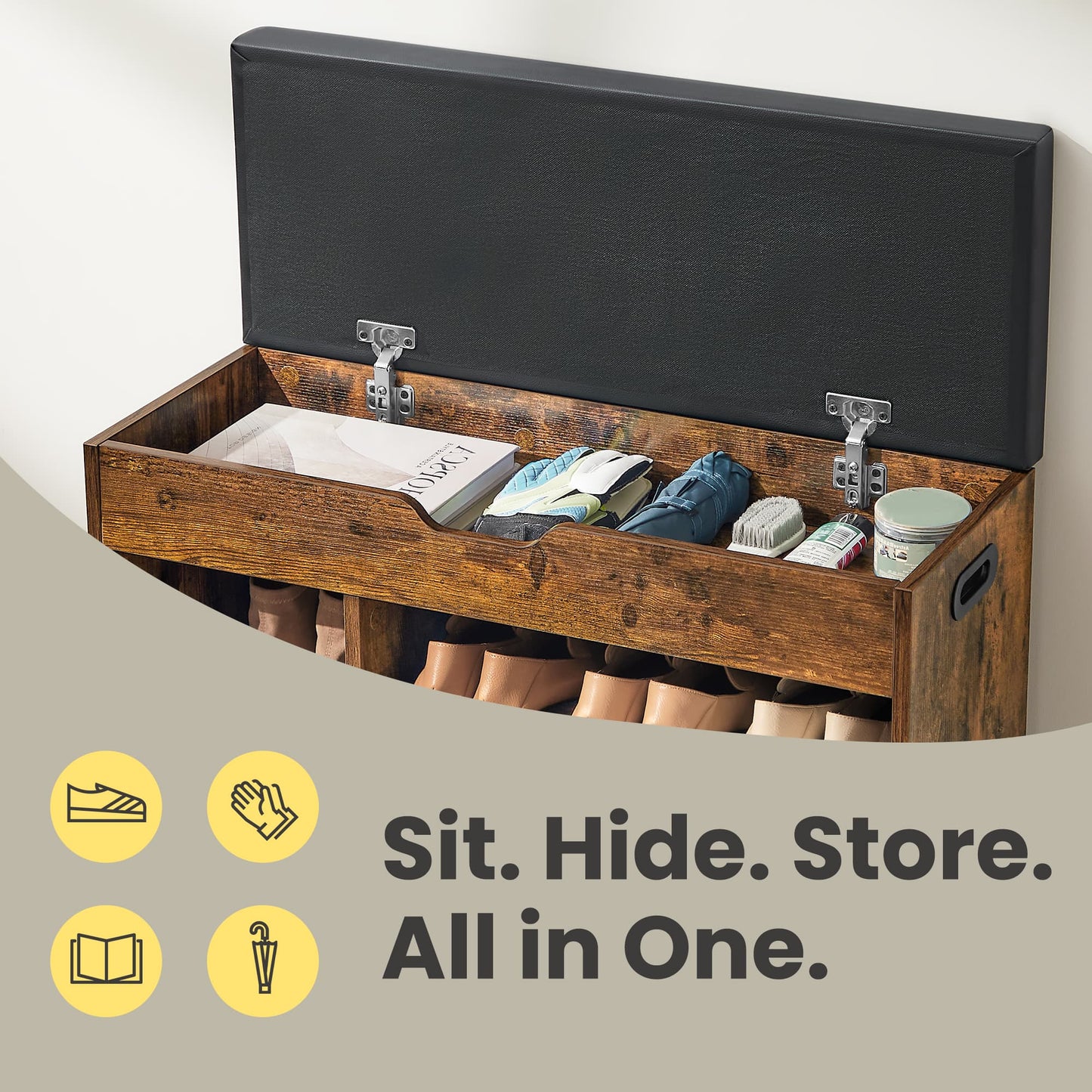 Entryway Storage Bench with Shelves, Cushioned Shoe Organiser, Hidden Compartment, Bedroom, Hallway, Brown - image 5