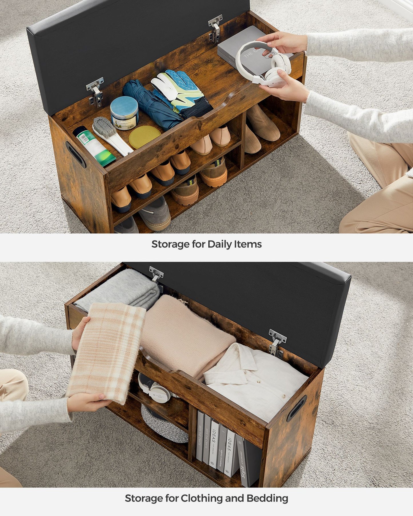 Storage Bench with Cushion, Padded Seat, 3 Compartments