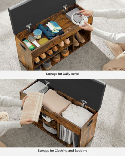 Storage Bench with Cushion, Padded Seat, 3 Compartments